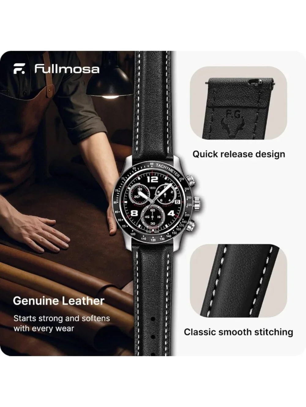 Stylish 24mm Quick Release Leather Watch Band - Durable & Comfortable Strap